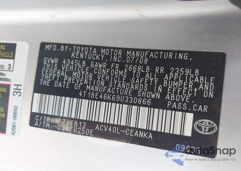 2009 Toyota Camry z USA, uszkodzony, nr VIN 4T1BE46K69U330866